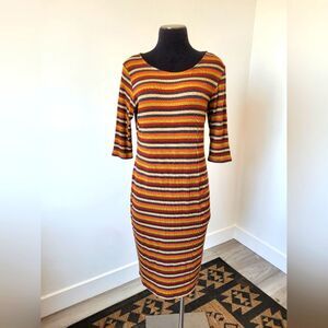 Chris & Carol Ribknit Dress Striped Lightweight Midi Autumn Earth Tones Large